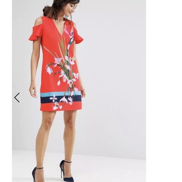 Ted Baker Red Floral Cold Shoulder Mini Dress - Picture 2 of 7